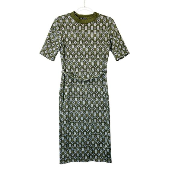 Zara Midi Dress Women’s Size Small Green Floral Knit Belted - Picture 1 of 9